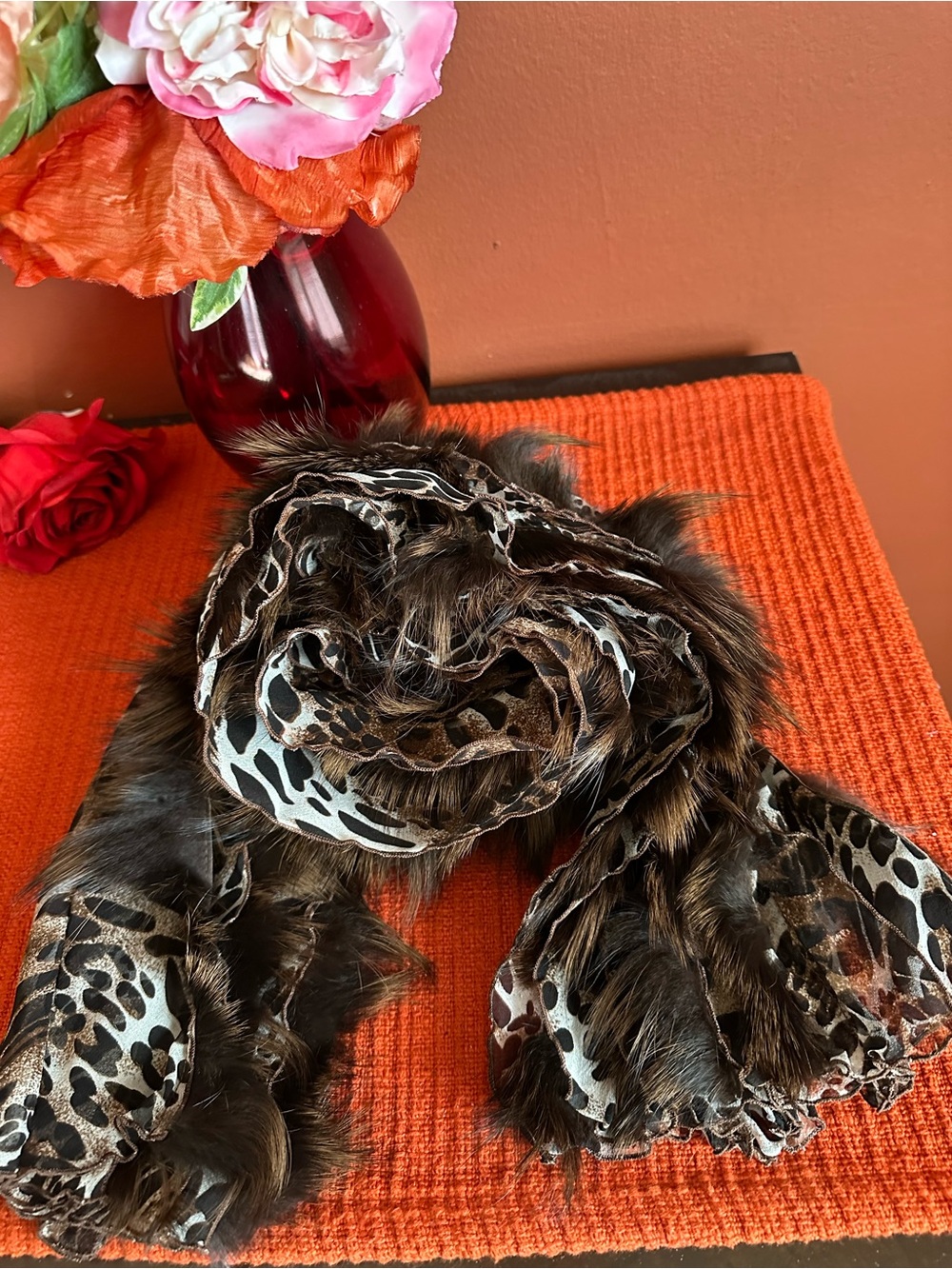 Cassin New York Real Faux Fur Scarf with Leopard Print Trim